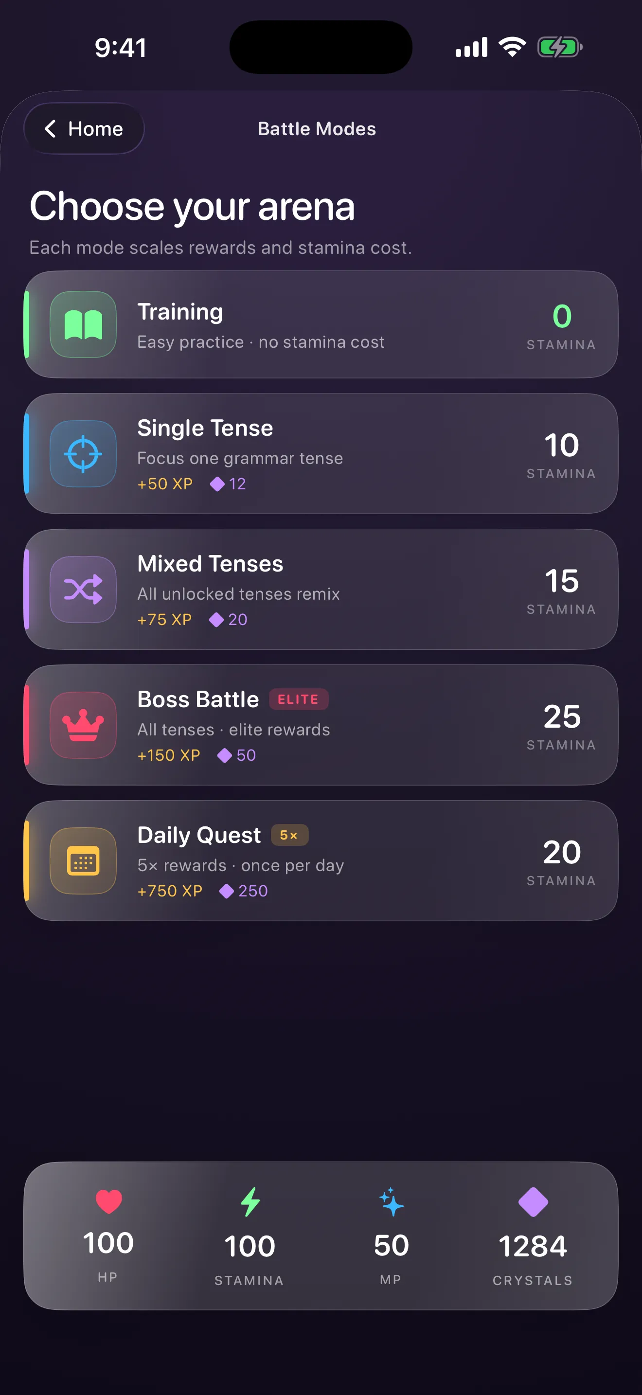 Grammar Battle mode selection screen listing Training, Single Tense, Mixed Tenses, Boss Battle and Daily Quest
