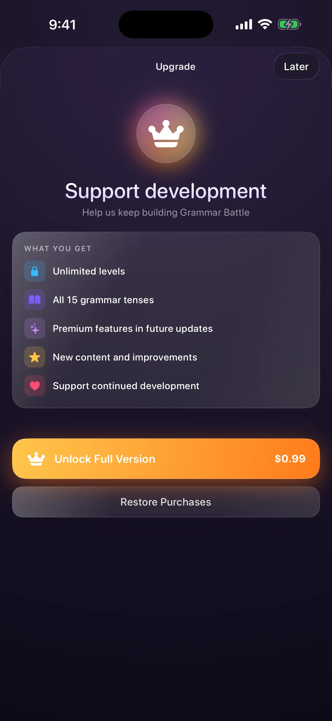 Premium upgrade screen inside Grammar Battle