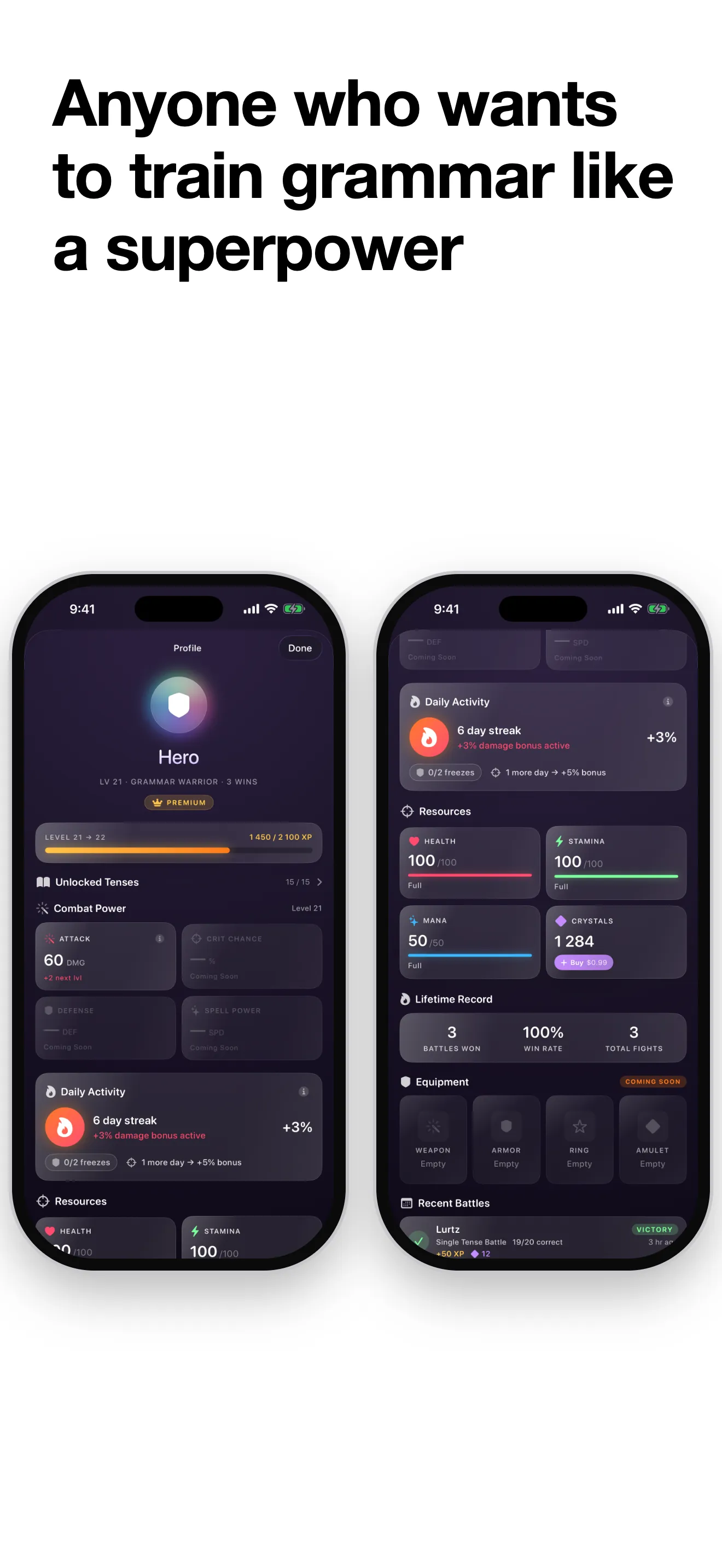 Player profile with detailed statistics
