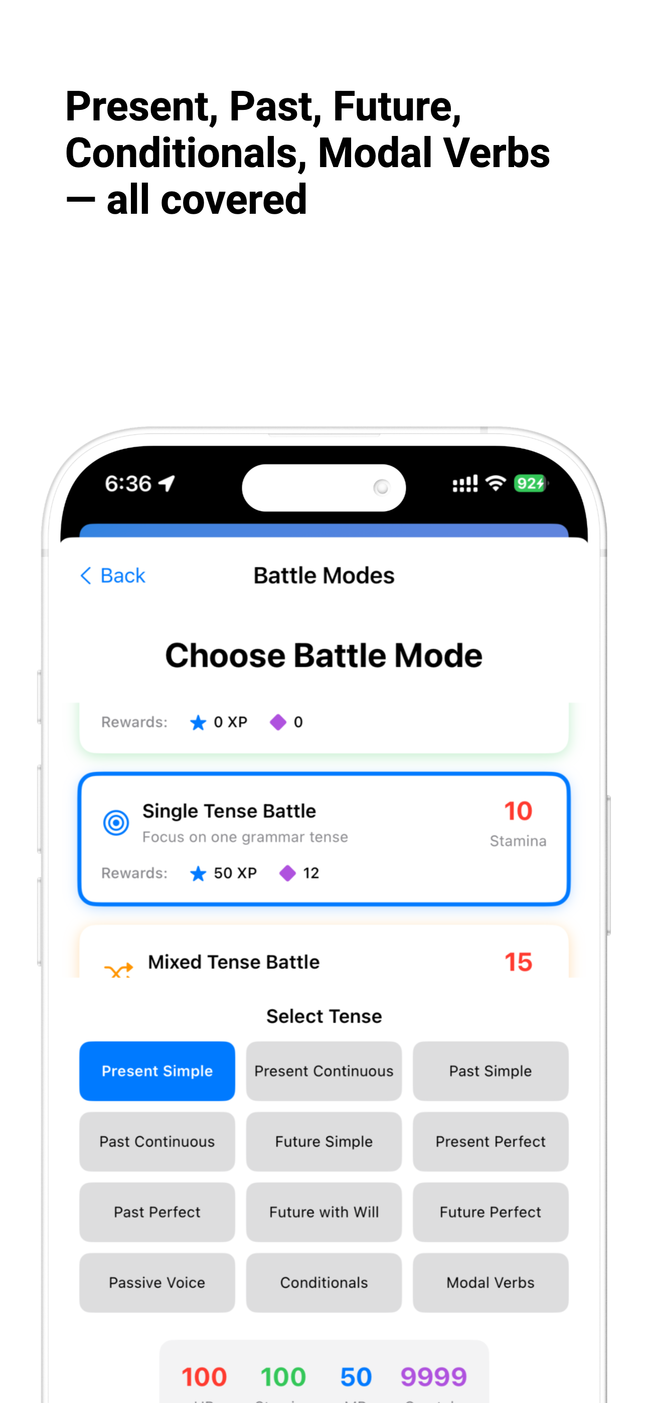 Grammar tense selection interface